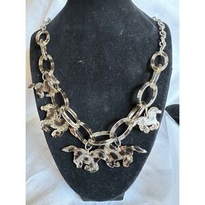 Statement Acrylic Horse Charm Pendant Necklace Brown Beige Clear Oval Link Chain